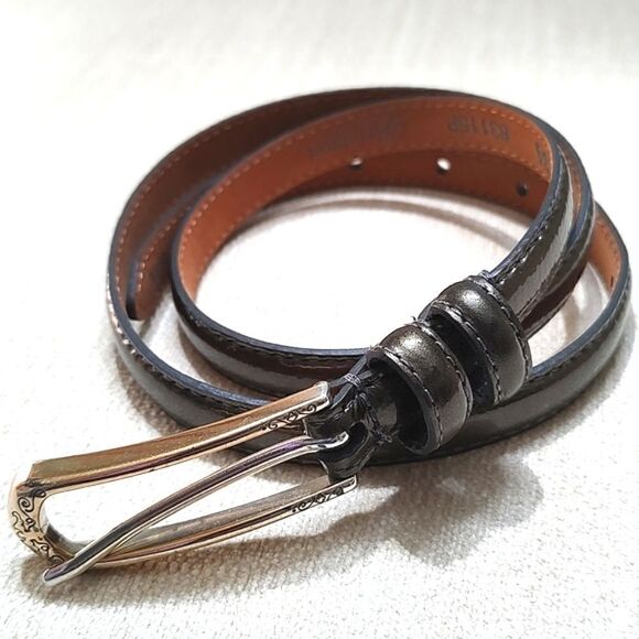 Brighton Thin Patent Leather Belt in Gunmetal Gray Silver Etched Buckle - Picture 10 of 10